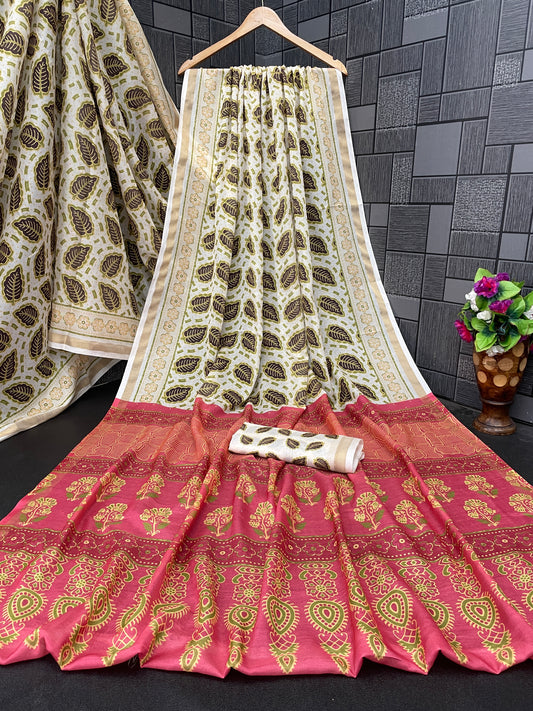 Ivory cream leaf print cotton saree flatlay with pink border and matching blouse — Chandrikas