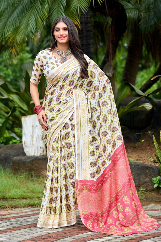 Woman in front pose wearing ivory cream leaf print cotton saree with pink border — Chandrikas