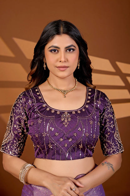 lavender purple sequin work chiffon silk saree with embroidered blouse — Chandrikas