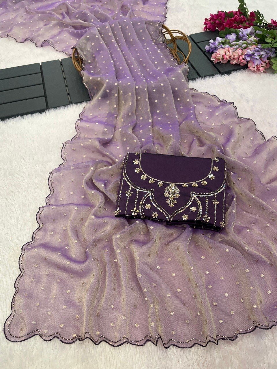 Lavender purple sequin work chiffon silk saree with embroidered blouse piece — Chandrikas