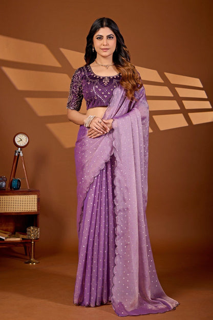 Woman wearing a lavender purple sequin work chiffon silk saree with embroidered blouse — Chandrikas