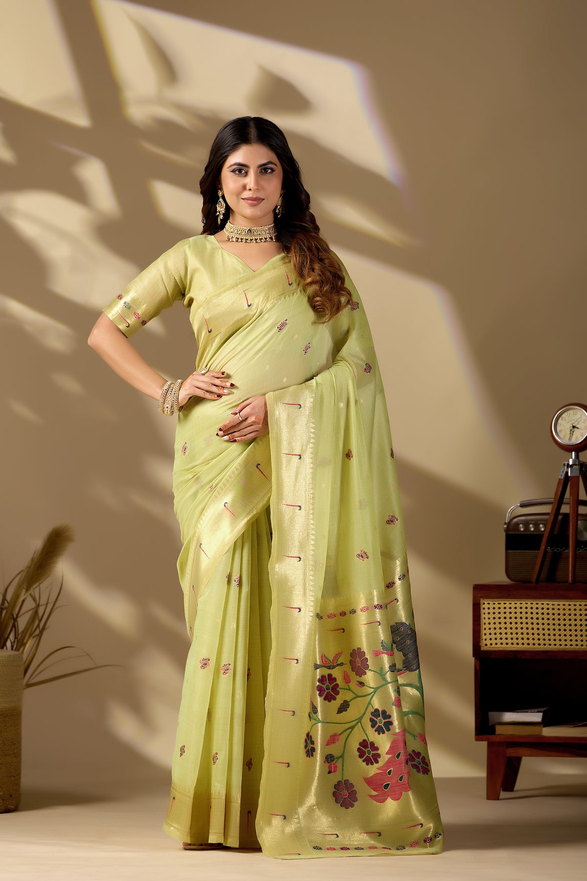 Woman in front pose wearing lemon green Banarasi-Paithani fusion cotton saree — Chandrikas