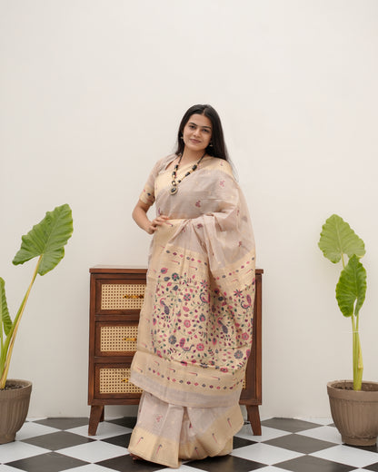 Woman in front pose wearing light beige Banarasi-Paithani Meenakari cotton zari pallu saree — Chandrikas