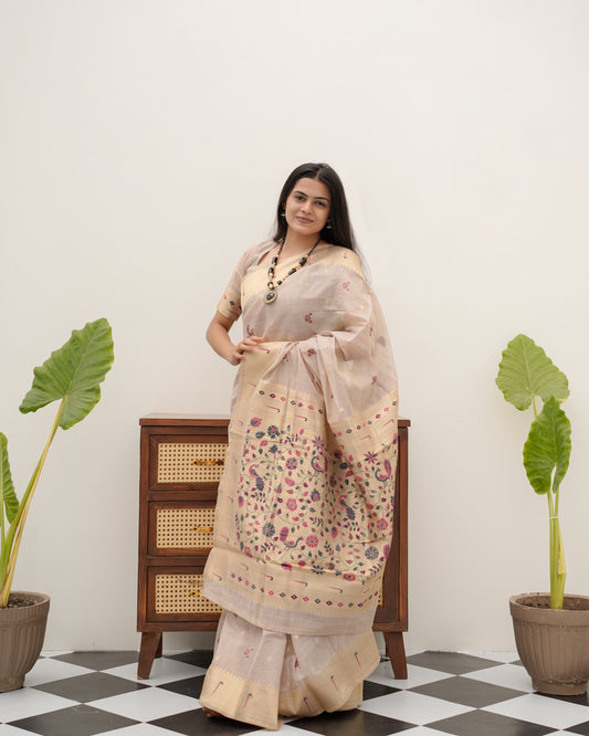 Woman in front pose wearing light beige Banarasi-Paithani Meenakari cotton zari pallu saree — Chandrikas