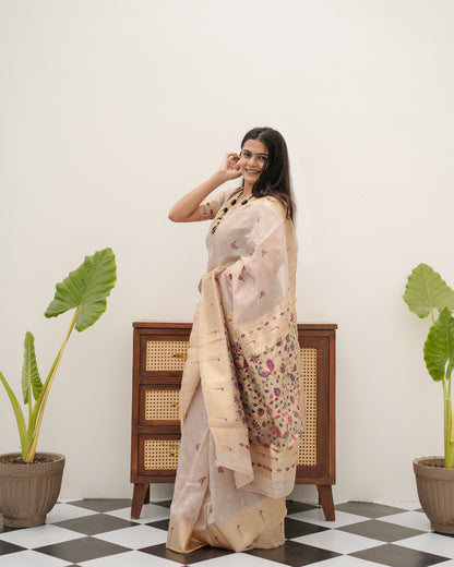 Woman in side pose wearing light beige Banarasi-Paithani Meenakari cotton zari pallu saree — Chandrikas