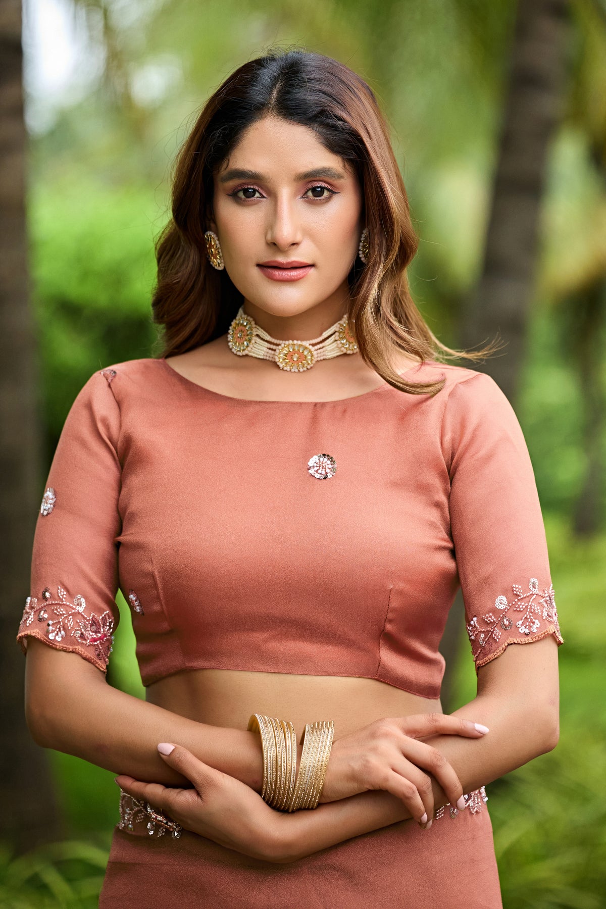 Close up of light gajri sequin floral embroidered tissue silk saree with matching blouse — Chandrikas