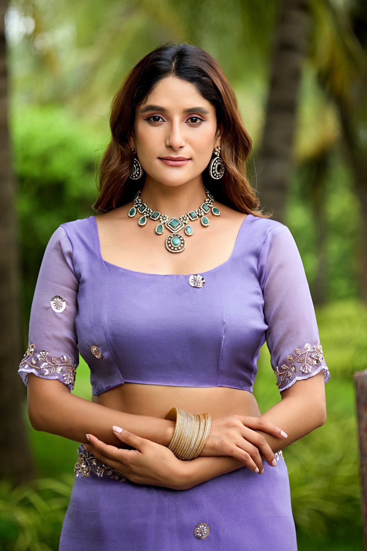 Close up of light lavender sequin floral embroidered tissue silk saree with matching blouse — Chandrikas