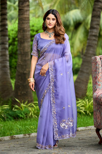 Light Lavender Sequin Floral Embroidered Tissue Silk Saree