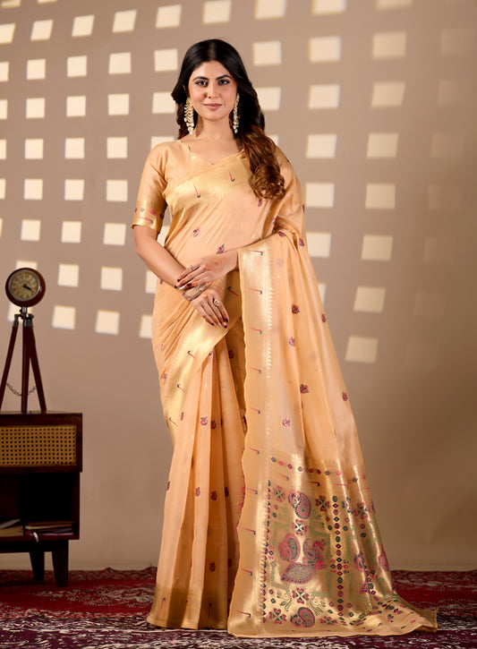 Woman in front pose wearing light peach Banarasi-Paithani Meenakari cotton saree — Chandrikas