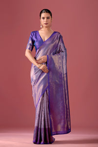 Woman in front pose wearing light purple deep purple Banarasi silk checks pattern saree — Chandrikas