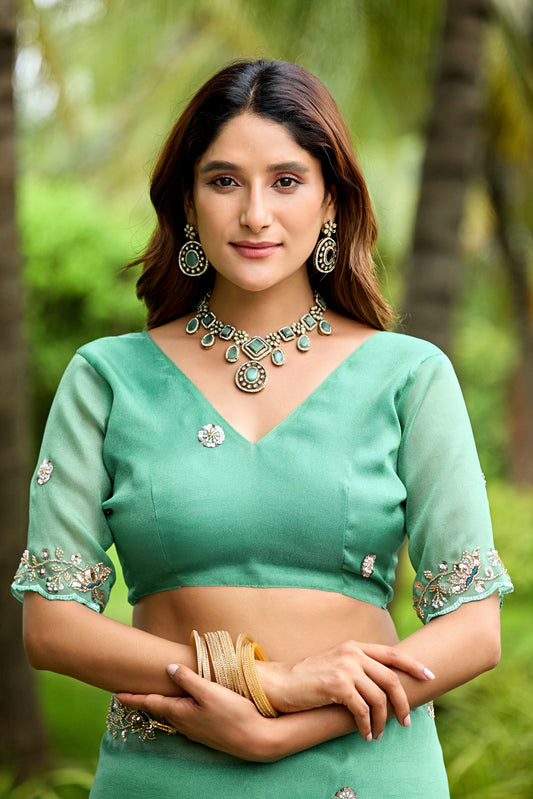 Woman in sitting pose wearing light rama sequin floral embroidered tissue silk saree — Chandrikas