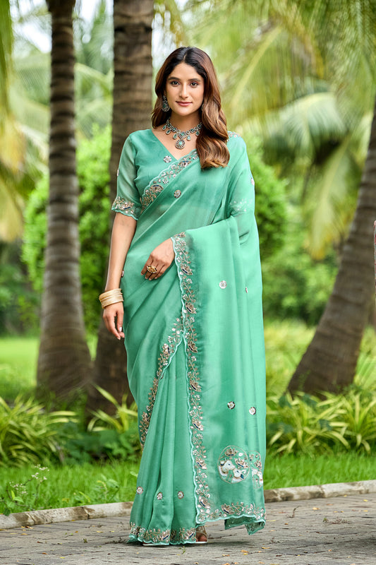 Woman standing in front pose wearing light rama sequin floral embroidered tissue silk saree — Chandrikas