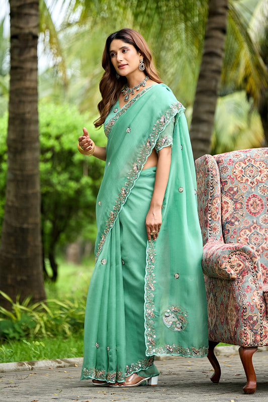 Woman in side pose wearing light rama sequin floral embroidered tissue silk saree with border — Chandrikas