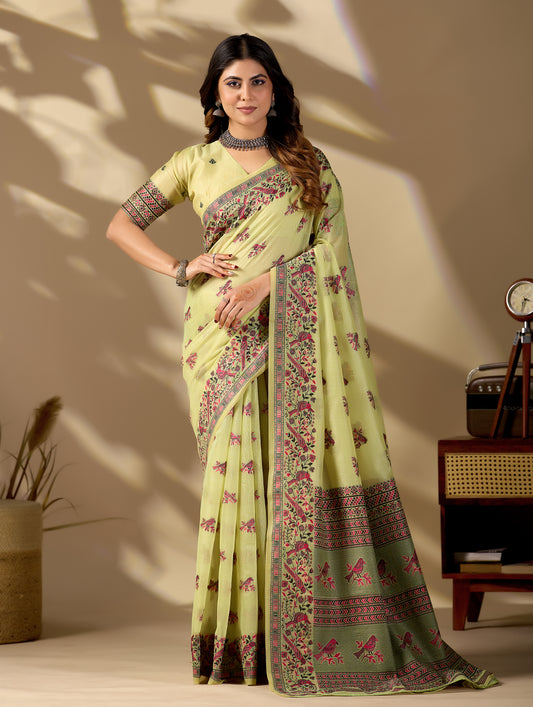 Woman in front pose wearing light yellow Banarasi cotton jacquard bird buttis saree — Chandrikas