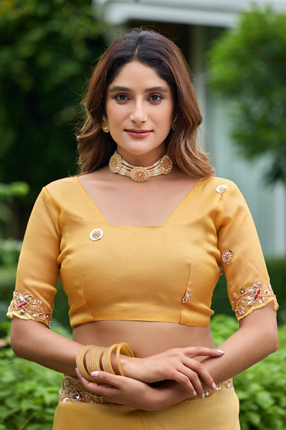 Close up of light yellow sequin floral embroidered tissue silk saree with matching blouse — Chandrikas