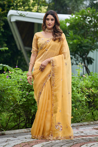 Light Yellow Sequin Floral Embroidered Tissue Silk Saree