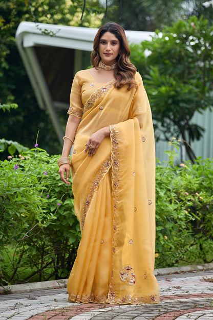 Woman standing in front pose wearing light yellow sequin floral embroidered tissue silk saree — Chandrikas