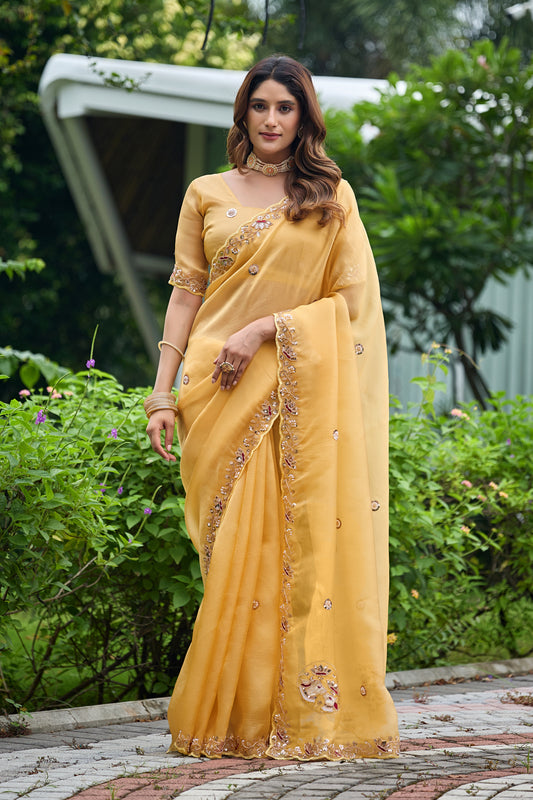 Woman standing in front pose wearing light yellow sequin floral embroidered tissue silk saree — Chandrikas