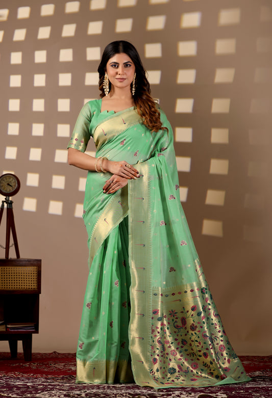 Woman in front pose wearing lime green Banarasi-Paithani Meenakari cotton zari pallu saree — Chandrikas
