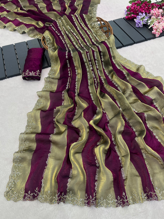 Closeup of magenta purple striped satin patta saree flatlay showing golden border detail — Chandrikas