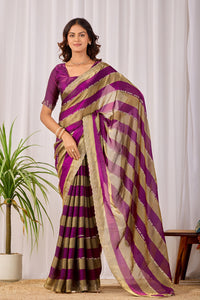Magenta Purple Striped Satin Patta Saree