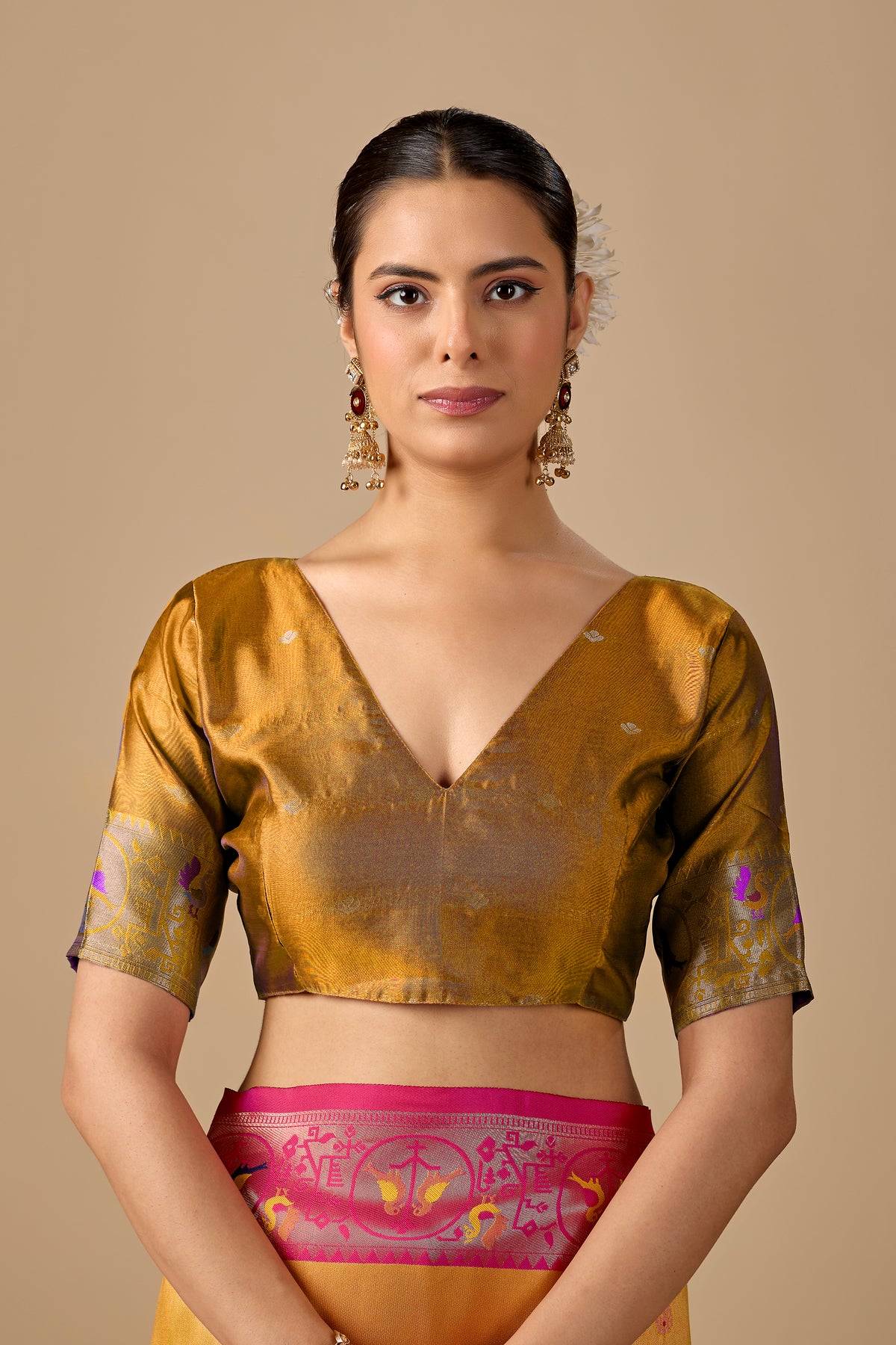 Woman draping mango yellow Paithani silk bird border pallu saree showing bird motif — Chandrikas