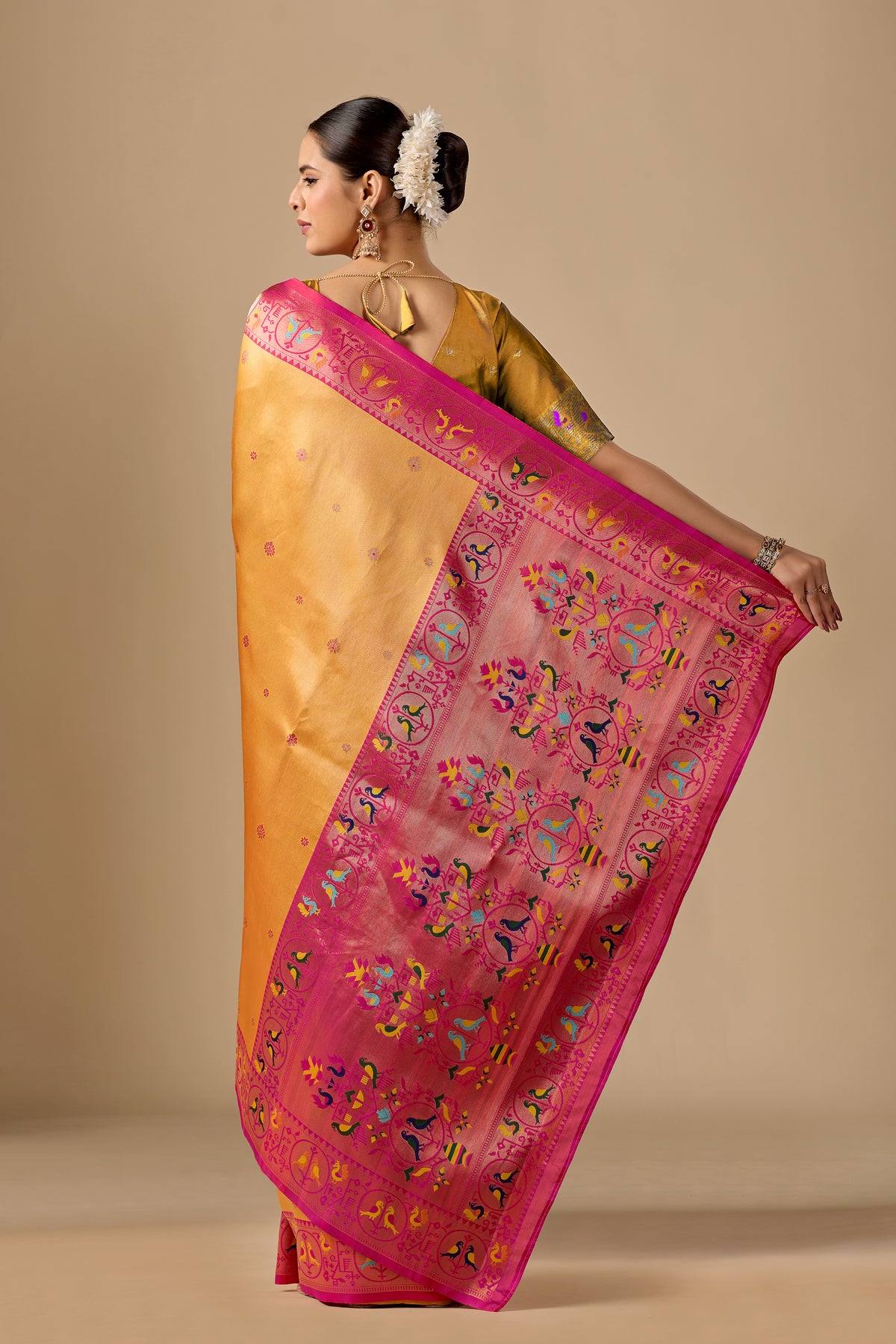 Woman in front pose wearing mango yellow Paithani silk bird border pallu saree — Chandrikas