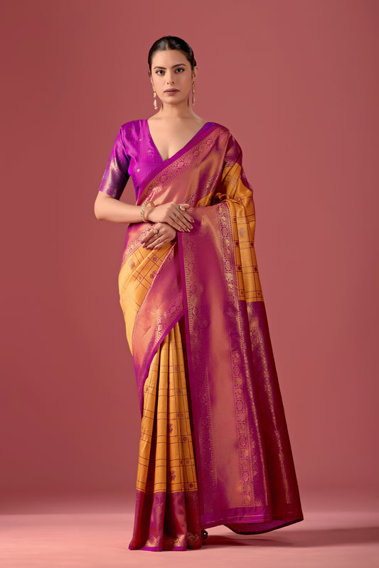 Woman in front pose wearing mango yellow pink Banarasi silk checks pattern saree — Chandrikas
