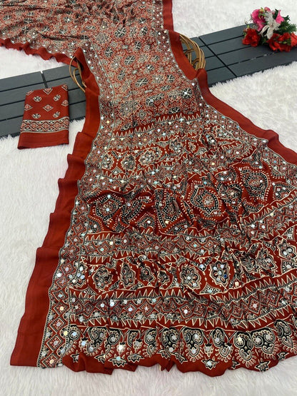 Maroon Ajrakh print Italian crepe saree with mirror work border and matching blouse piece — Chandrikas