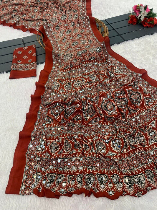 Maroon Ajrakh print Italian crepe saree with mirror work border and matching blouse piece — Chandrikas