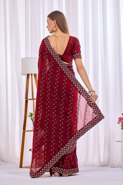 Back view of Maroon satin floral thread work designer border saree with pallu and blouse — Chandrikas