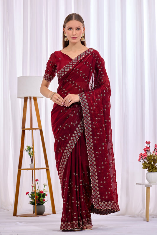Full length front look of Maroon satin floral thread work designer border saree draped on model — Chandrikas