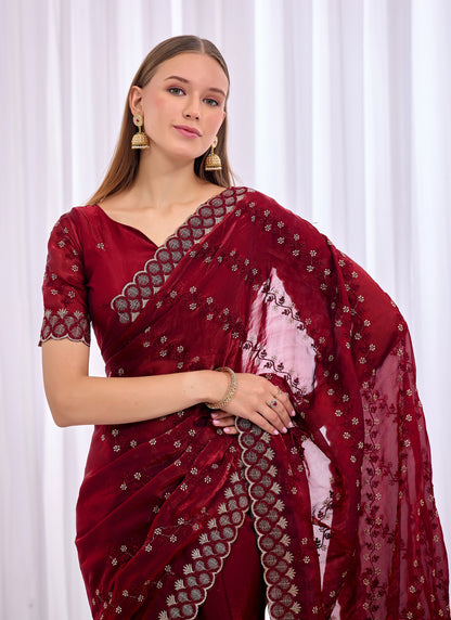 Pallu drape detail of Maroon satin floral thread work designer border saree with all-over embroidery — Chandrikas