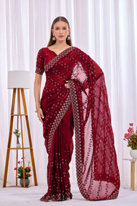 Maroon Satin Floral Thread Work Designer Border Saree