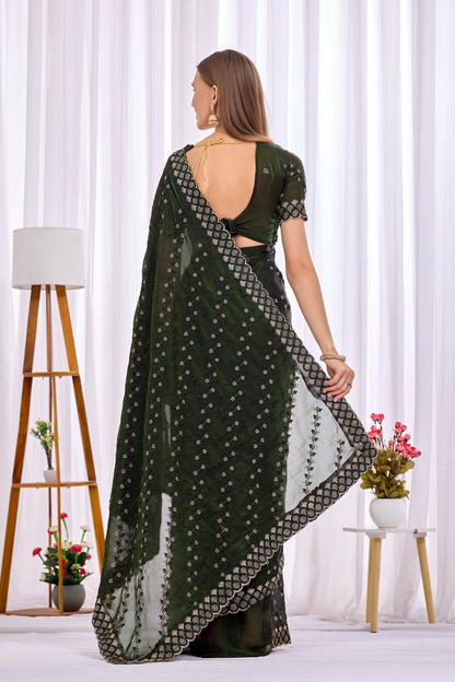 Back view of Mehendi Green satin floral thread work designer border saree with pallu and blouse — Chandrikas