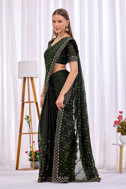 Pallu drape detail of Mehendi Green satin floral thread work designer border saree with all-over embroidery — Chandrikas