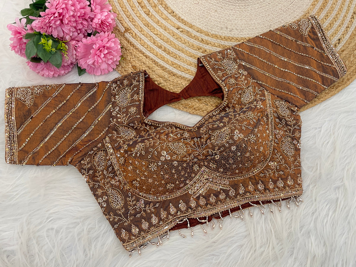 Metallic brown sequin embroidered designer blouse flatlay showing sleeve detailing — Chandrikas