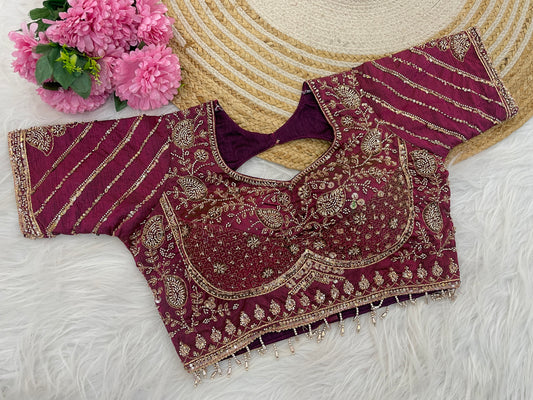 Metallic cherry sequin embroidered designer blouse flatlay showing sleeve detailing — Chandrikas