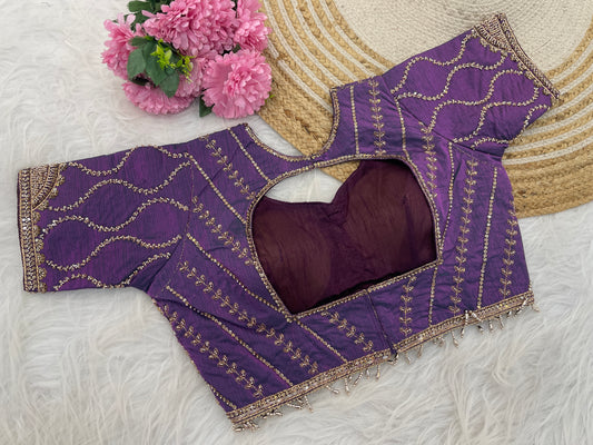 Metallic lavender purple sequin embroidered blouse flatlay showing neckline — Chandrikas