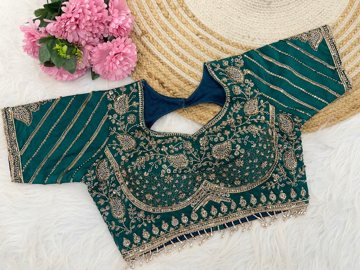 Metallic rama teal green sequin embroidered designer blouse flatlay — Chandrikas