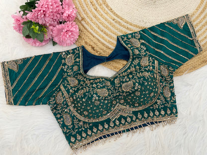 Metallic rama teal green sequin embroidered designer blouse flatlay — Chandrikas