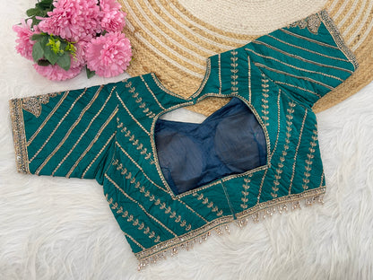 Metallic rama teal green sequin embroidered blouse flatlay neckline — Chandrikas