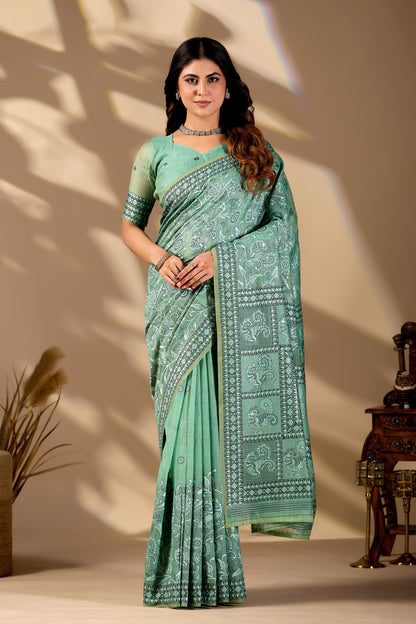 Woman in front pose wearing mint green Banarasi cotton jacquard jaal saree — Chandrikas