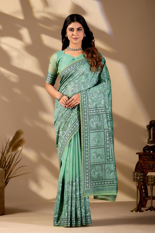 Woman in front pose wearing mint green Banarasi cotton jacquard jaal saree — Chandrikas