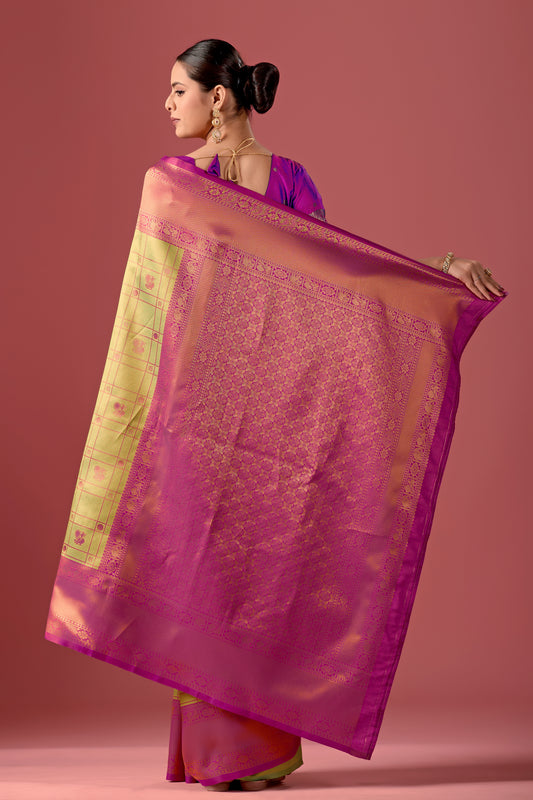 Woman draping mint green pink Banarasi silk checks pattern saree showing pallu design — Chandrikas