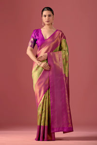 Mint Green with Pink Banarasi Silk Checks Pattern Saree
