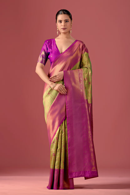 Woman in front pose wearing mint green pink Banarasi silk checks pattern saree — Chandrikas