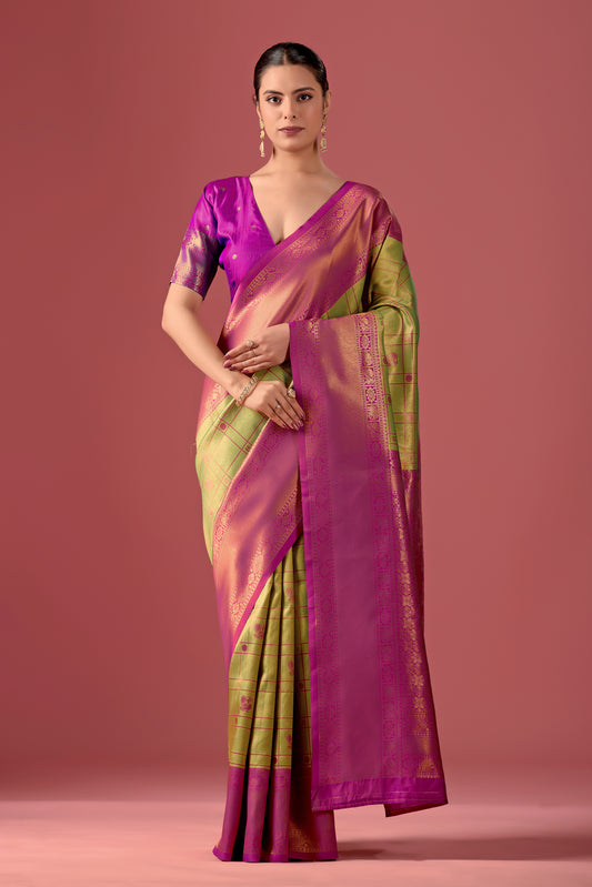 Woman in front pose wearing mint green pink Banarasi silk checks pattern saree — Chandrikas