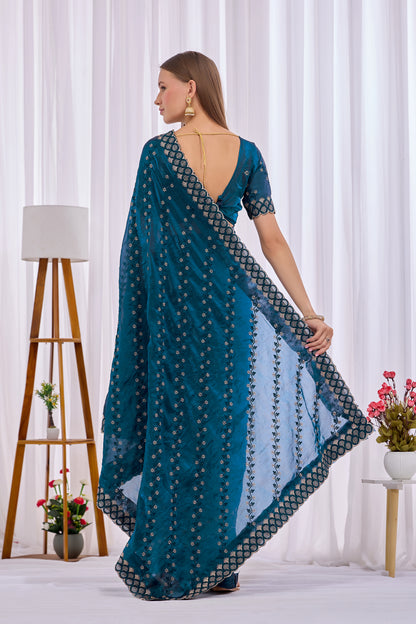Back view of Mor Peach satin floral thread work designer border saree with pallu and blouse — Chandrikas