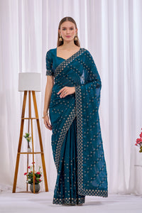 Mor Peach Satin Floral Thread Work Designer Border Saree